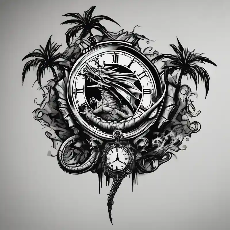 Horror dragon tattoo with clock, dollars and palm tree on background half sleeve tattoos for men